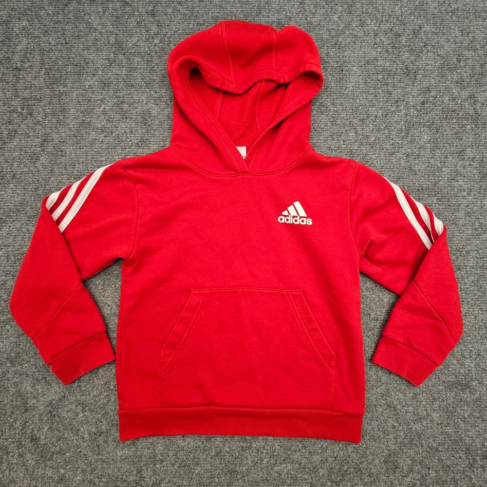 Adidas Hoodie Kids Size 6 Red 3-Stripe Pullover Sweatshirt Fleece Sporty Retro